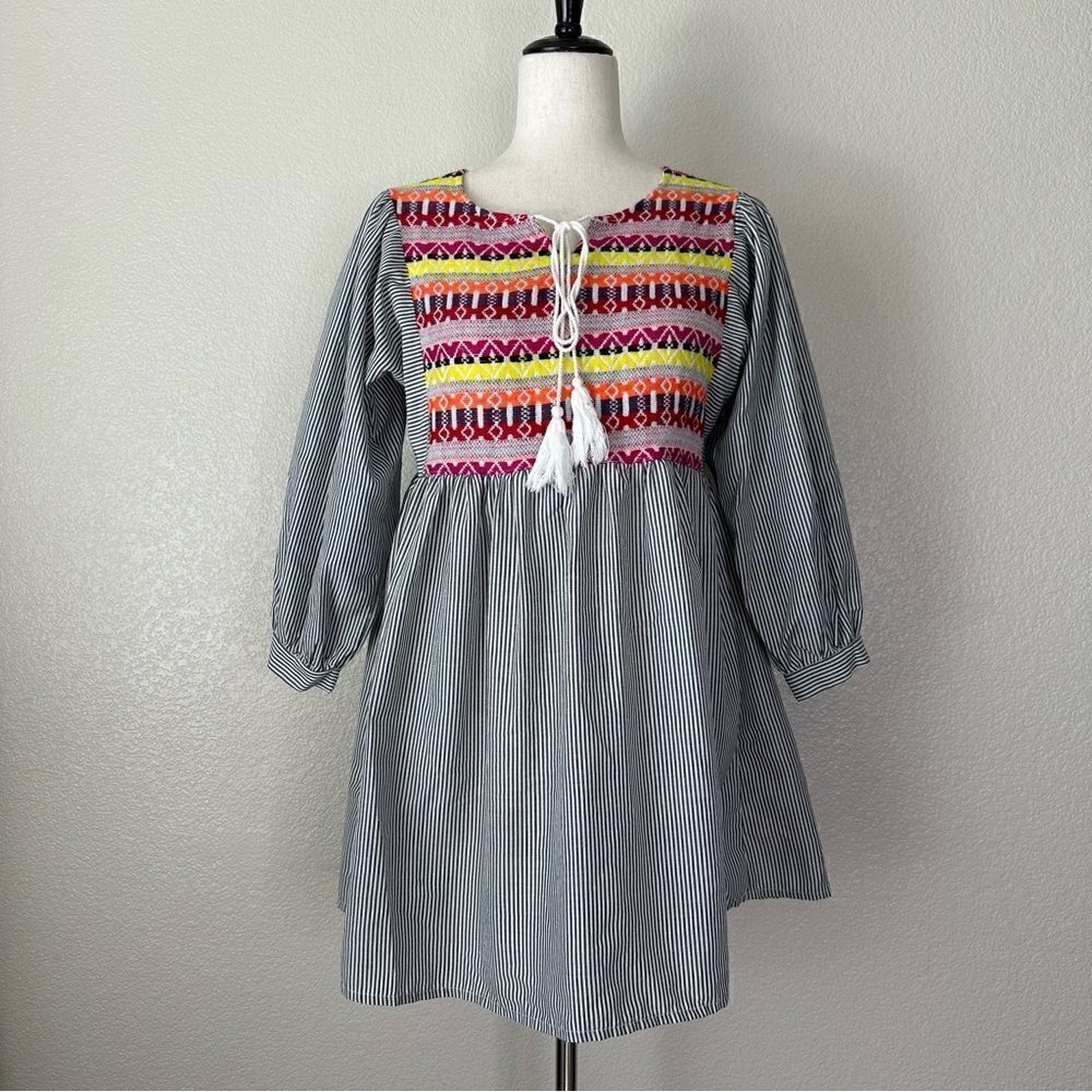 Velzera Boho Embroidered Striped TasselโDress/Tunic Top, Sz Medium